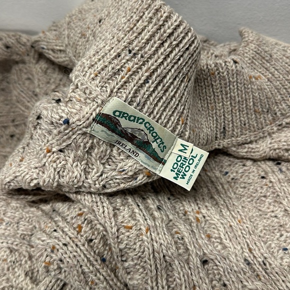 Aran Crafts Sweater Jacket Merino Wool Full Zip Collared Cable Knit Tan Medium - Picture 7 of 9